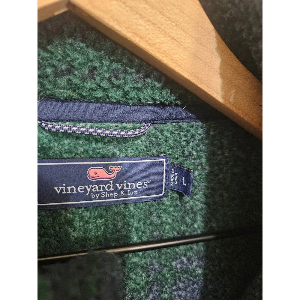 Vineyard Vines Mens Green Navy Buffalo Check Sherpa Fleece Quarter Zi Pullover L